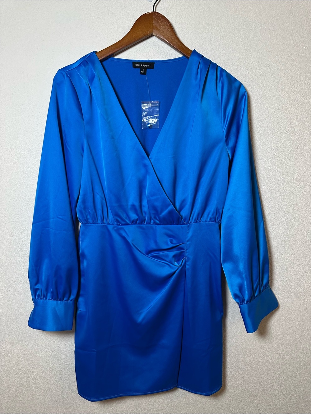 Blu Pepper Royal Blue Satin Long Sleeve Wrap Dress from Vici Collection - Picture 1 of 3